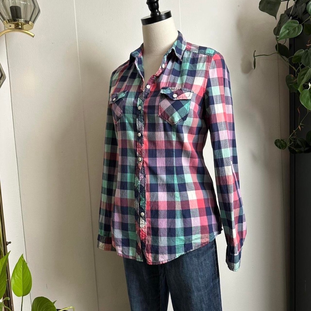 Forever 21 Y2K Plaid Button Up Shirt Womens Small Pink Purple Teal Blue Cotton